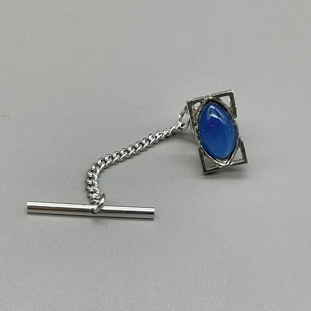Hickok Tie Tack Vintage Blue Glass Cabochon Silver Tone Chain Men's Accessory